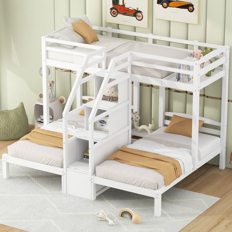 Solid Pine Wood Twin Size Triple Bunk Bed Frame, Twin over Twin & Twin Bunk Bed with Storage Staircase and Drawer
