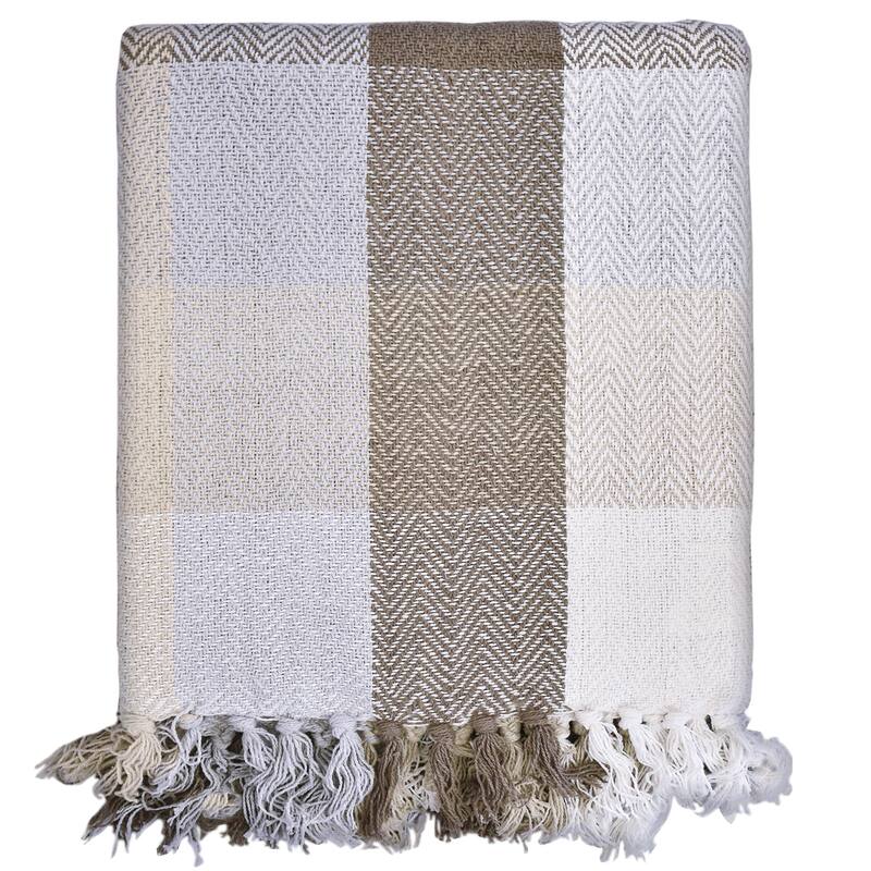 Fabstyles Herringbone Checkered Cotton Throw Blanket with Fringes