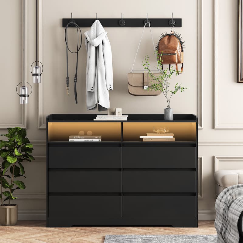 6-Drawer Dresser with LED Lights, Modern Dressers with Sturdy Frame for Living Room