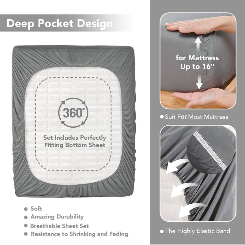 Deconovo 4-Piece Ultra-Soft Bed Sheet Set, 1800 Thread Count, Deep Pockets