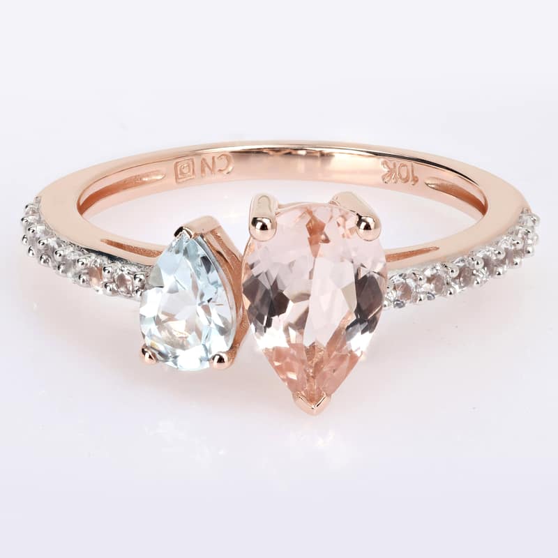 Miadora Pear Shape Aquamarine, White Topaz and Morganite Engagement Ring in 10k Rose Gold