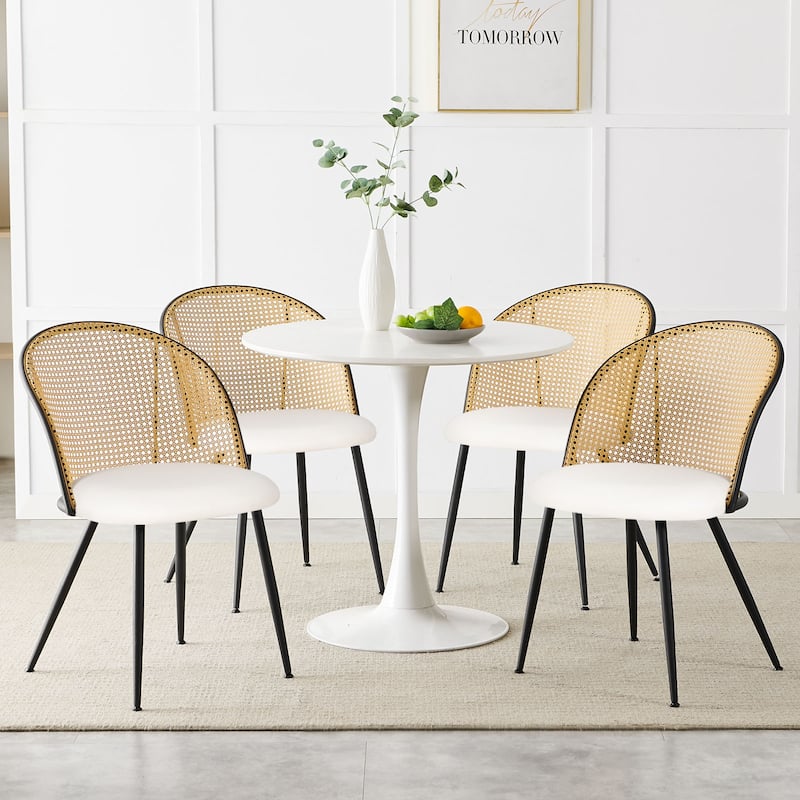 Modern Upholstered Rattan Dining Chairs Set of 2/4 - Set of 4 - PU-White-Natural Back