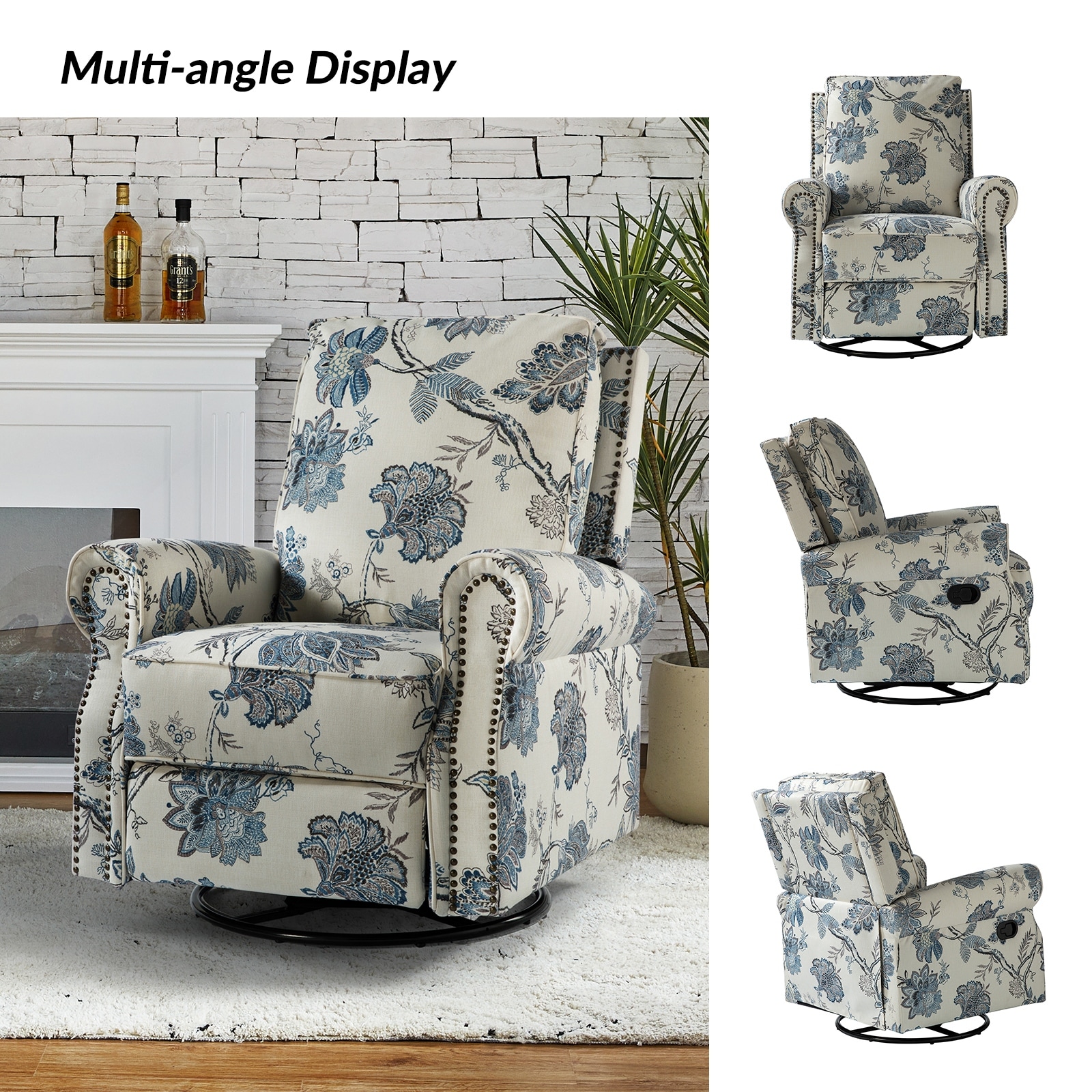 Roderich Farmhouse Floral Print Swivel Rocker Recliner with Rolled Arms by HULALA HOME Bed Bath Beyond 39177946