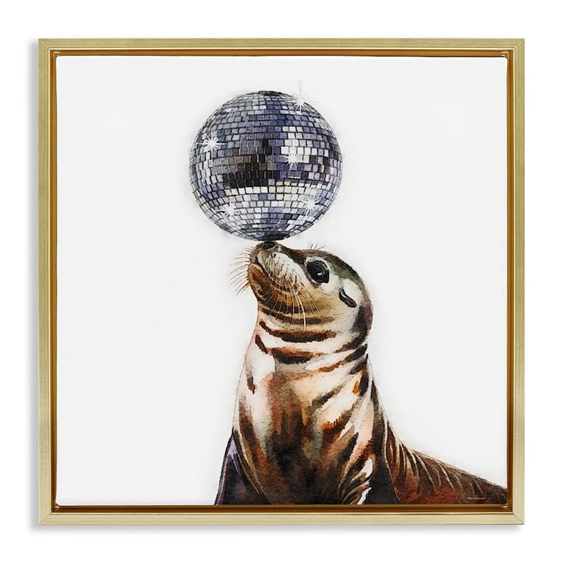 Stupell Seal Balancing Disco Ball Framed Floater Canvas Wall Art Design By Amanda Greenwood - 25 x 25 - Gold