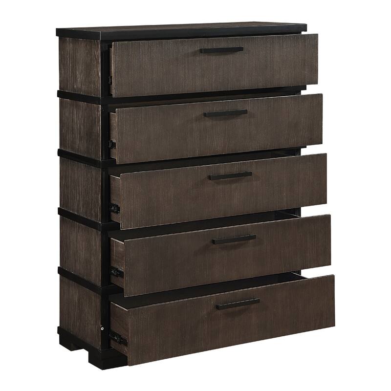 Acy Tall Dresser Chest, 5 Drawer Bar Handles, Brownish Gray Black Wood