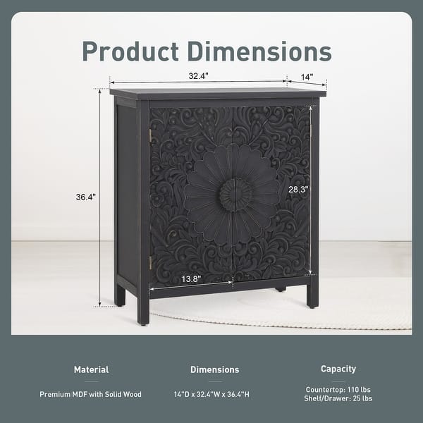 Vintage 2-Door Black Flower Carving Handle Distressed Storage Cabinet