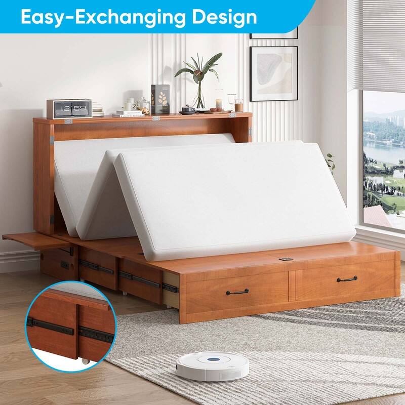 Mixoy Queen Murphy Bed Chest with Charging Station and Storage Drawer,No Mattress