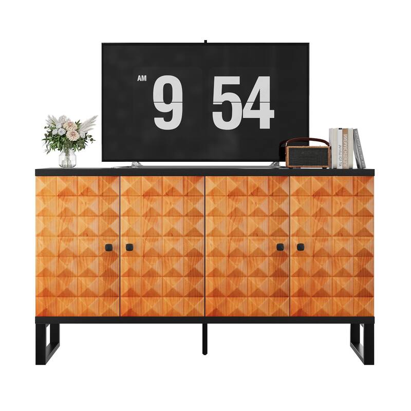 Four Door Sideboard Buffet Cabinet Accent Cabinet with Geometric Patterns, Wooden Storage Cabinet TV Console Table