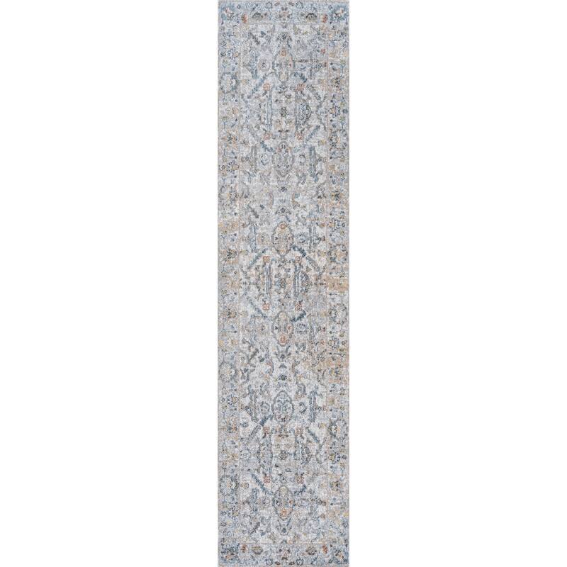 JONATHAN Y Amoeba Rustic Border Low-Pile Machine-Washable Area Rug - 2 X 8 - Light Gray/Blue