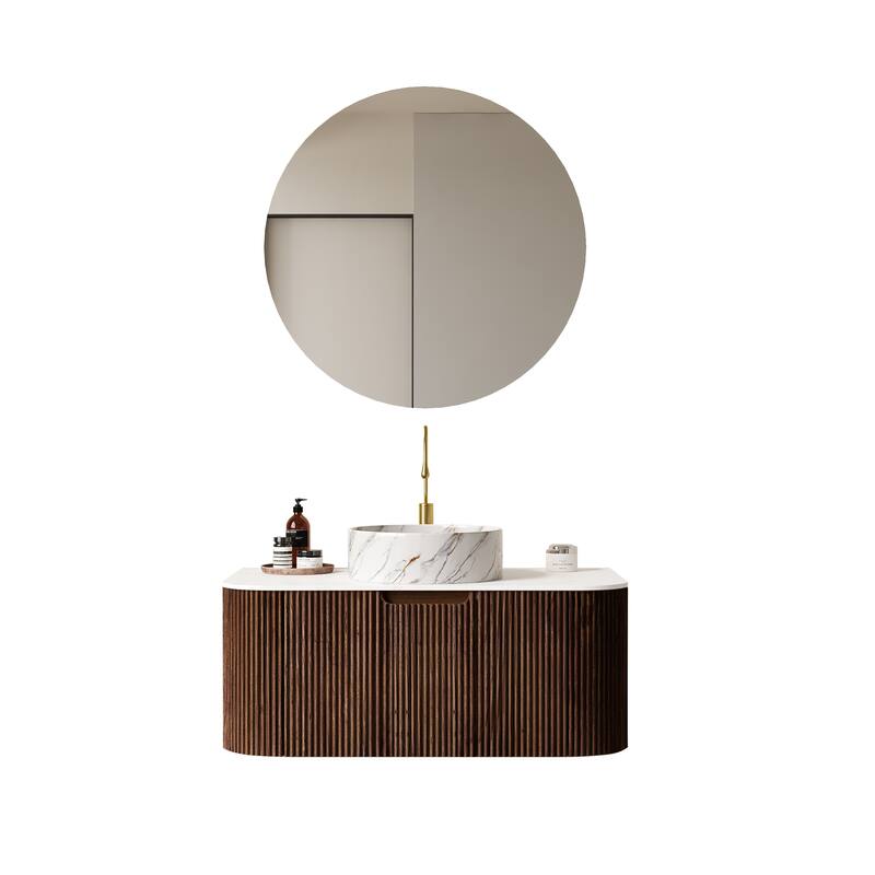 24 Inch/30 Inch/36 Inch Wall-Mounted Bathroom Vanity Cabinet with Counter Top Sink, Round Ceramic Basin with Stone Pattern