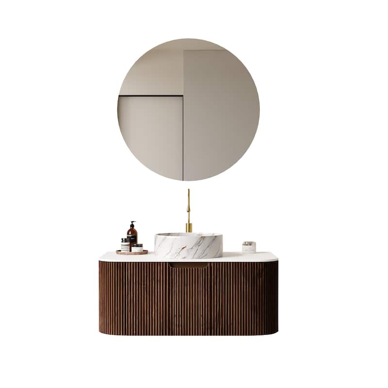 Wall-Mounted Floating Bathroom Vanity with Sink - Walnut,White