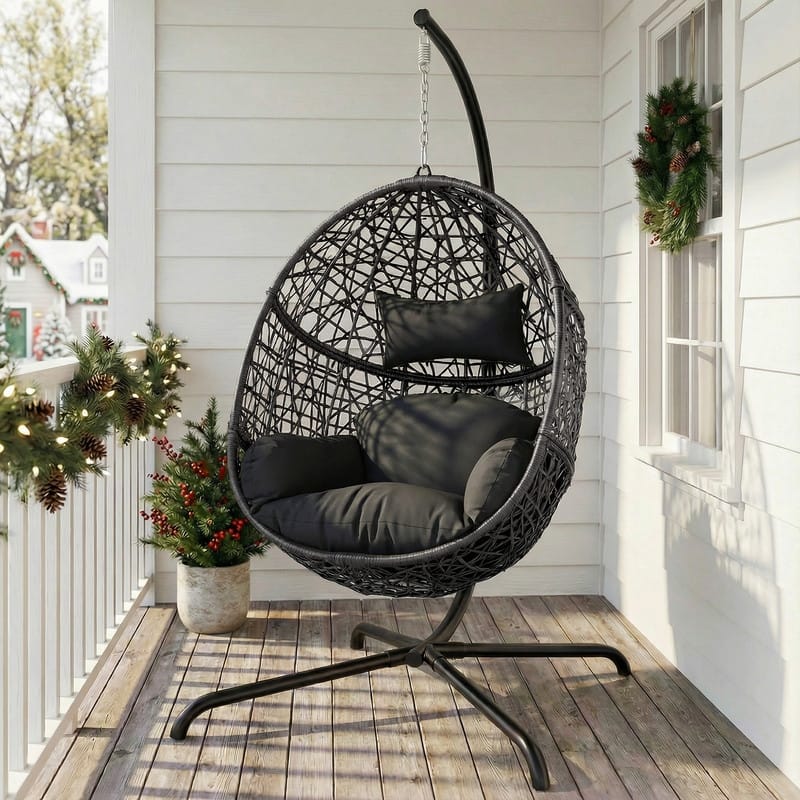 Oversized Egg Chair with Stand, 450 lbs Heavy-Duty Outdoor/Indoor Wicker Hanging Basket Chair - Dark Grey