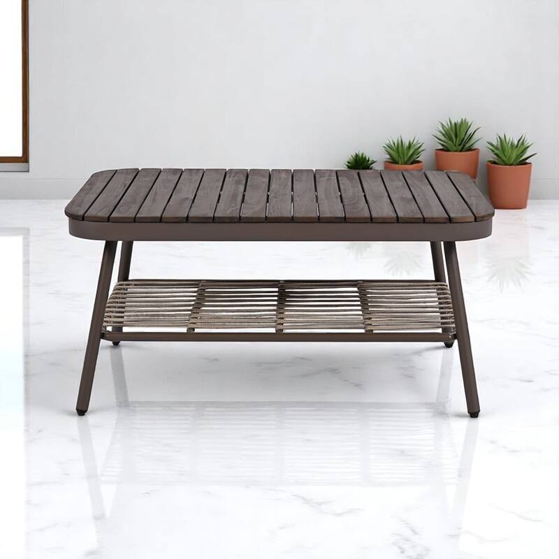 4-Piece Outdoor Conversation Set with Woven Rope U-Shaped Backrest, Acacia Wood Coffee Table, Water-Repellent Cushions