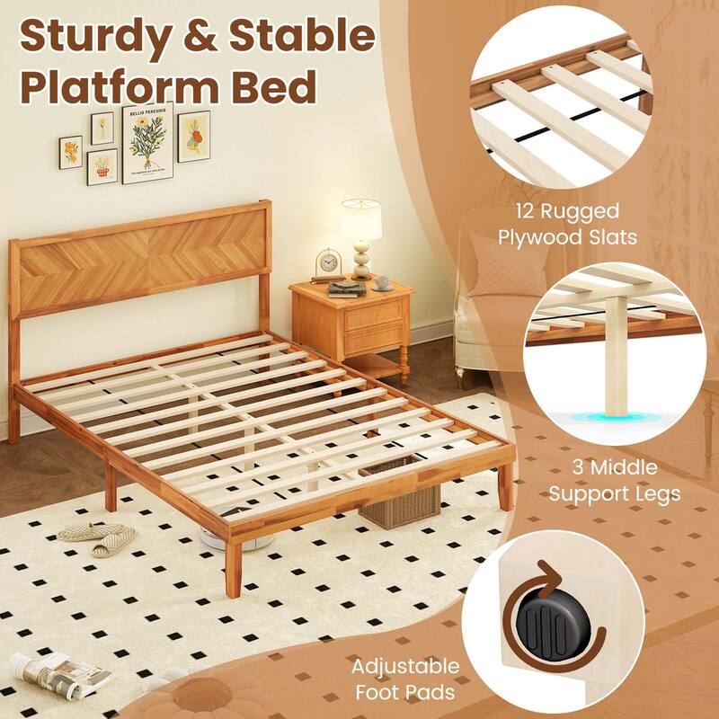 Gymax Twin/Full/Queen Size Bed Frame w/Headboard Wooden Slats Support