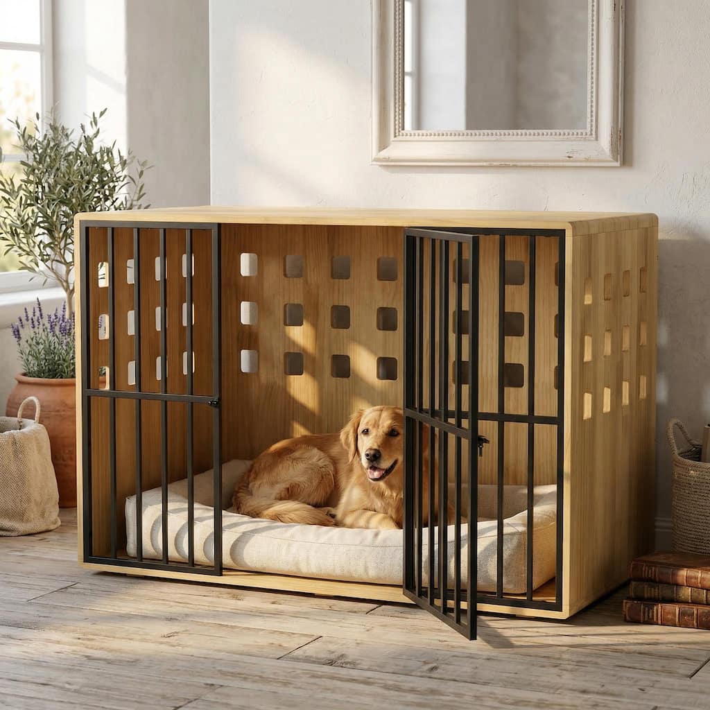 47.2" Wooden Dog Crate Furniture, Large Indoor Dog Kennel with Metal Doors, Solid Pine Wood Pet Crate End Table for Large Dogs