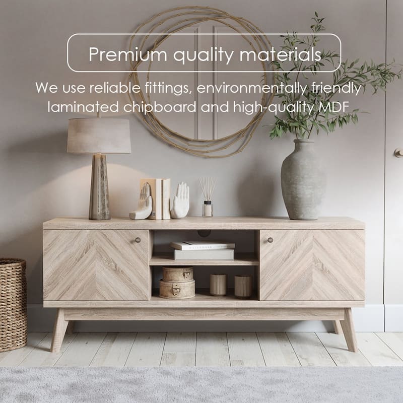 Living Skog Scandi Mid-Century Modern Herringbone TV Stand for TV Up to 65 Inches with Wooden Legs