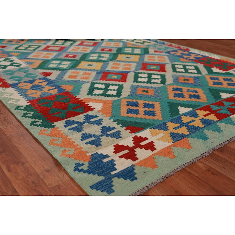 Hand Woven Oriental 100% Wool Carpet Southwestern Geometric Multi-Colored Kilim Area Rug - 8' 3'' X 5' 8''