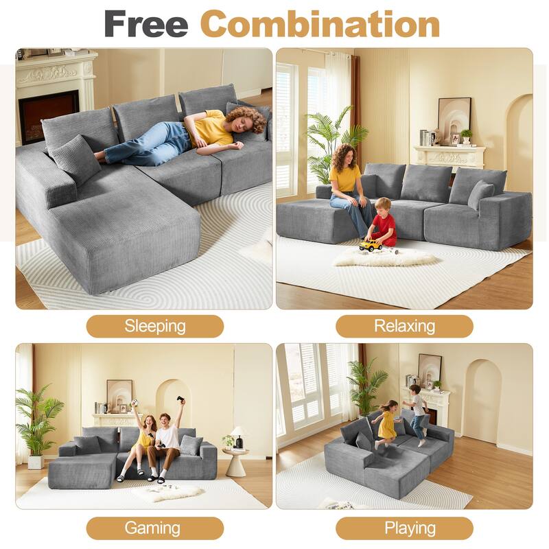 Modular Sectional Sofa with L Shape Chaise Lounge, Corduroy Upholstered 3 Seater Sofa, Deep Seat Cloud Sofa with Pillows