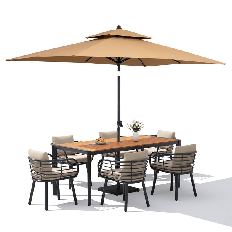 9/11-Piece Outdoor Patio Dining Set w/10 ft Umbrella and Base Aluminum Dining Table and Dining Chairs with Sunbrella Cushions