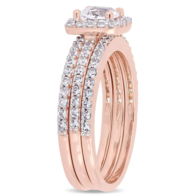 Miadora Rose Silver Created White Sapphire Halo Bridal 3-Ring Set