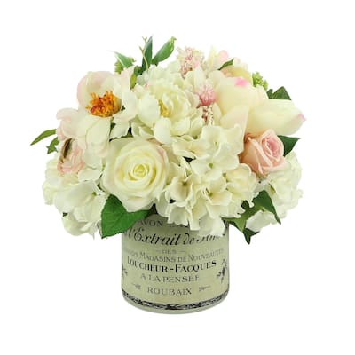 Rose and Hydrangea Arrangement in Label Vase - Pink, Cream, Green