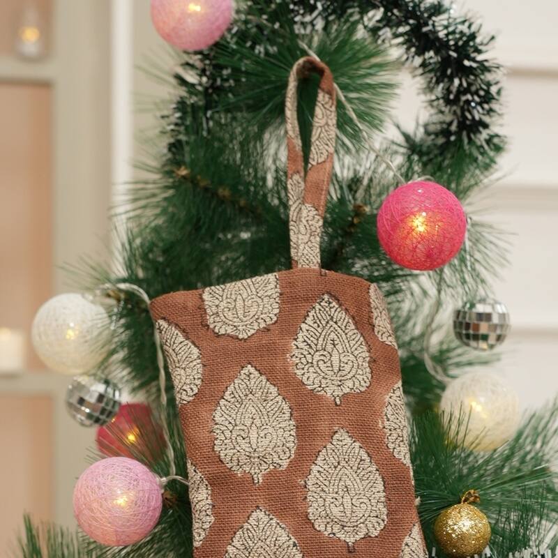 Fabdivine Hand Block Floral Print Christmas Knit Stockings, Home Decorative Gift Use - 16"X6.5"