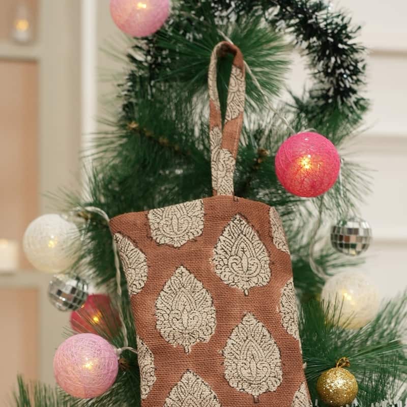 Fabdivine Handmade Linen Floral Block Print Christmas Stocking Home Décor Perfect for Gift - 10"X4.5"