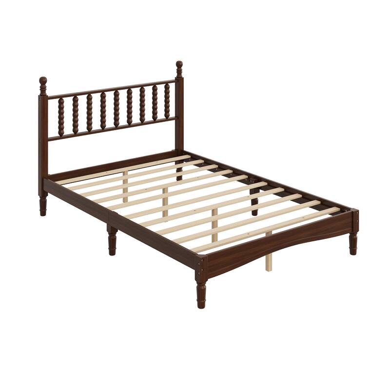 Roomfitters Wood Platform Bed, Retro Gourd Spindle Headboard with Solid Slat Support, Walnut