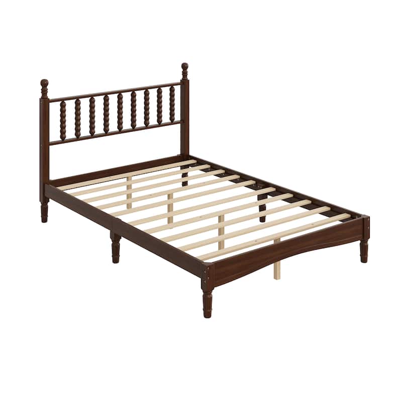 Wood Platform Bed Frame with Gourd Shaped Headboard, Retro Style Low Profile Bed with Wooden Slat Support, No Box Spring Needed