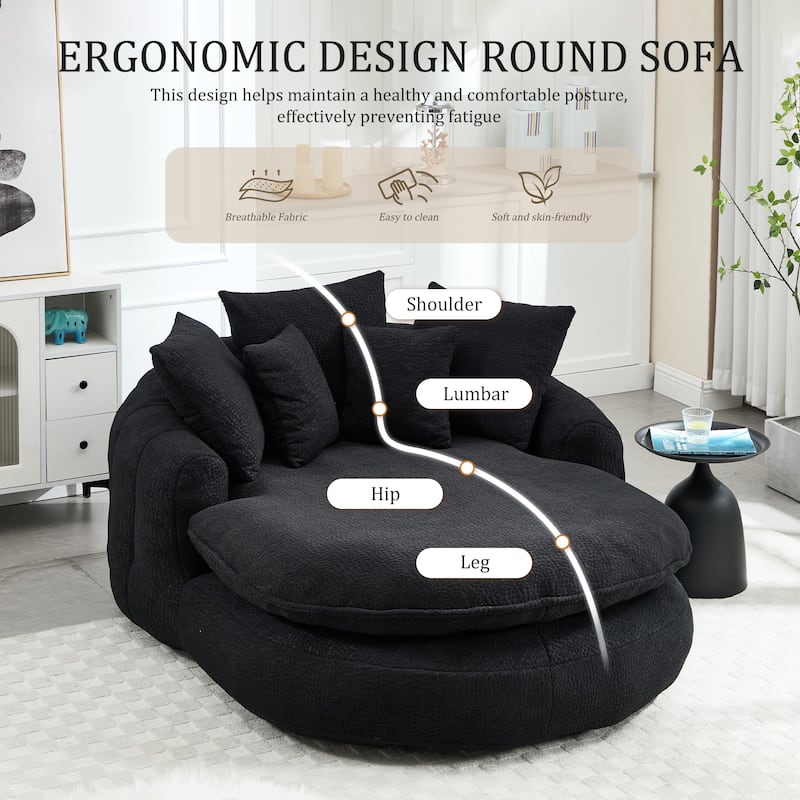 Oversized Oval Upholstered Bean Bag Sofa, Lazy Sofa with 3 Large Pillows and 2 Small Pillows, Wrap Around Backrest