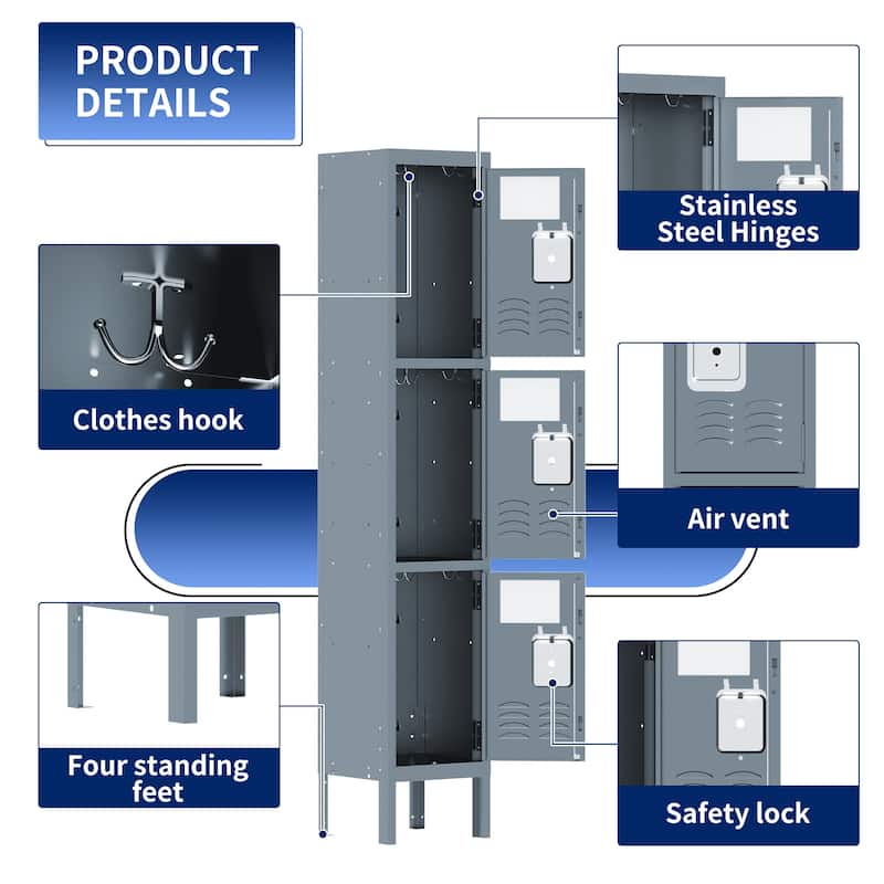 66"H Metal Lockers For Employees With 3 Door Storage Locker For Employees Gym School Home Office Garage-Assembly Required