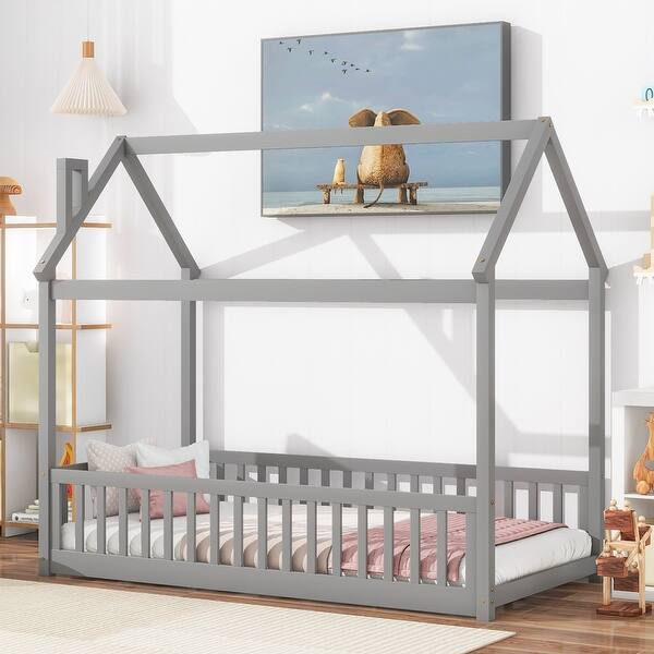 slide 2 of 9, Twin House Bed with Fence, Wooden Montessori Floor Bed Frame for Kids Grey - Twin