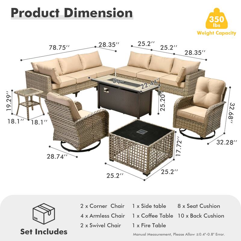 OVIOS 11 Pieces Outdoor Wicker Swivel Chair Set With Fire Table