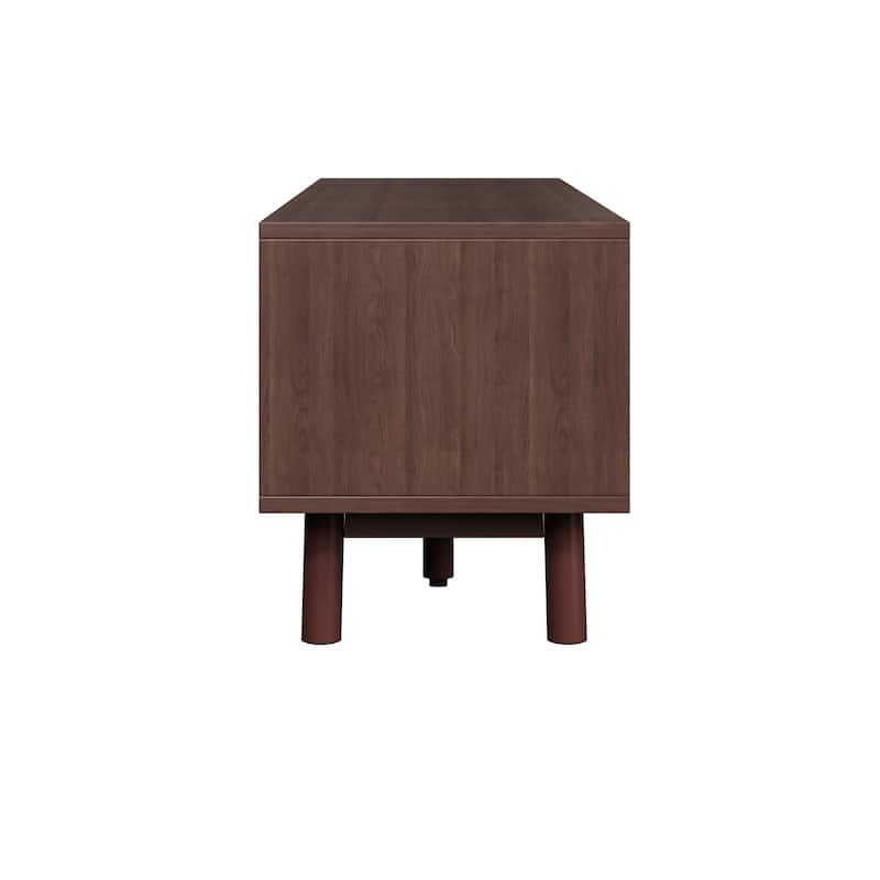 Dark Brown Solid Wood TV Stand for 75" TVs，TV Console with Soft-Closing Door and Drop-Down Door Cabinet