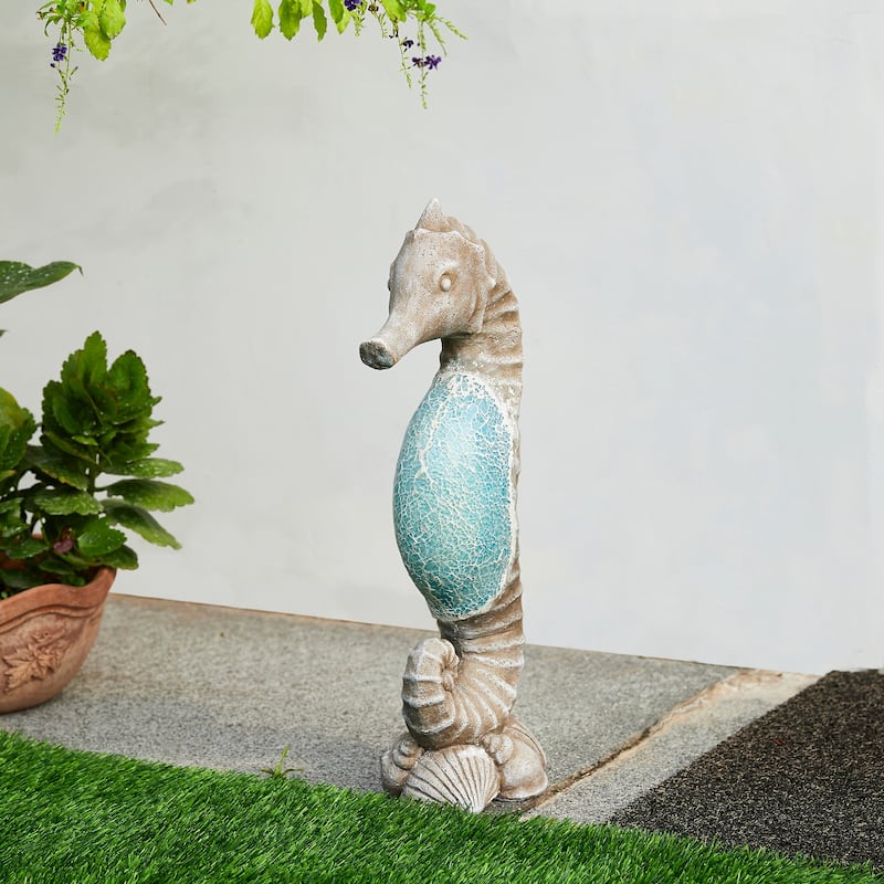 Glitzhome Faux Granite Mosaic Sitting Elephant Sea Horse Mermaid Garden Statue Ocean Figurine