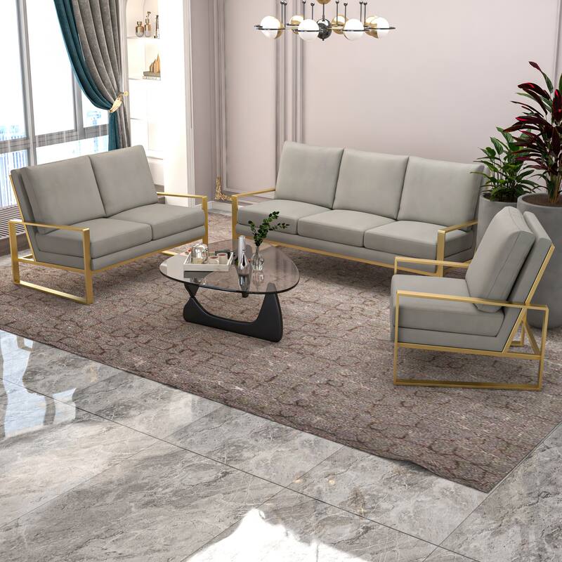 Jefferson Modern Velvet Upholstered 3-Piece Sofa Set in Brushed Gold Stainless Steel Base for Home Office Living & Bed Room