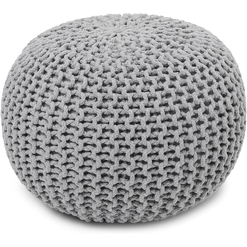 Hand Knitted Pouf Cotton Braided Cord Cable Ottoman - Foot Stool - Accent Seat Furniture Bean Bag - Living Room Kids - 18x18x14