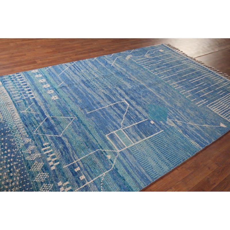 Blue Moroccan Area Rug Hand-Knotted Wool Carpet - 5'10"x 9'4"