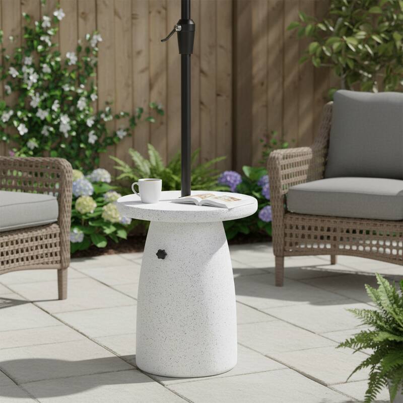 Roomfitters Tess Outdoor Patio Side Table Umbrella Base with Sand Filling Design, MGO White Marble Finish