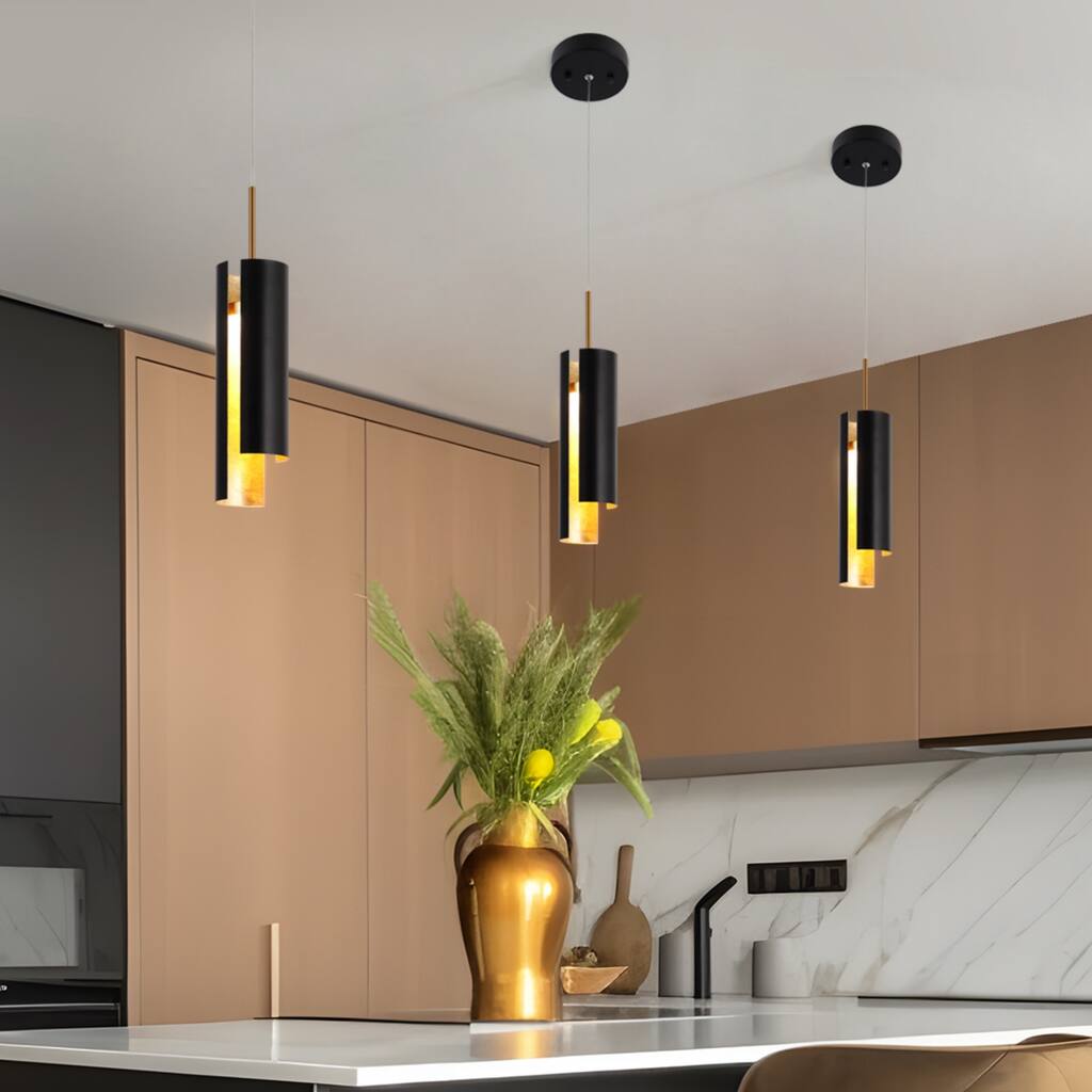 Black While 1-Light Modern Brass Gold LED Pendant Light Fixture for Kitchen Island - 3 x 3 x 14.3