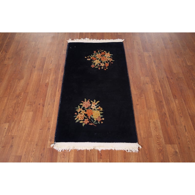 Navy Blue Floral Art Deco Chinese Accent Rug Hand-Knotted Wool Carpet - 2'0"x 3'11"