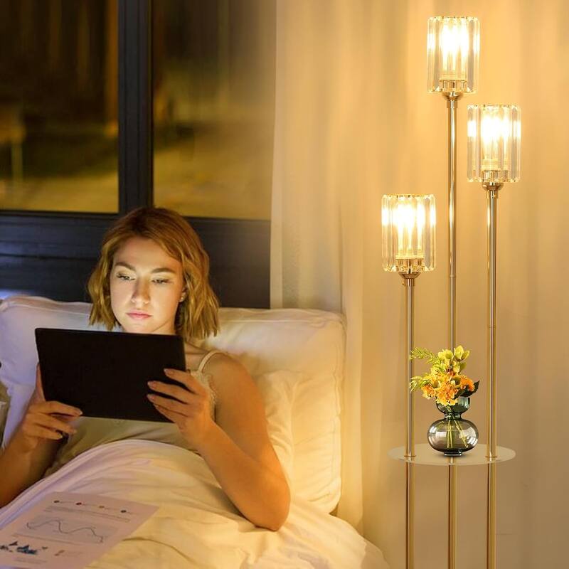 Gold Floor Lamps for Living Room, Modern Floor Lamp with Shelves, Crystal Standing Lamps with Table, Brass Tall Lamp