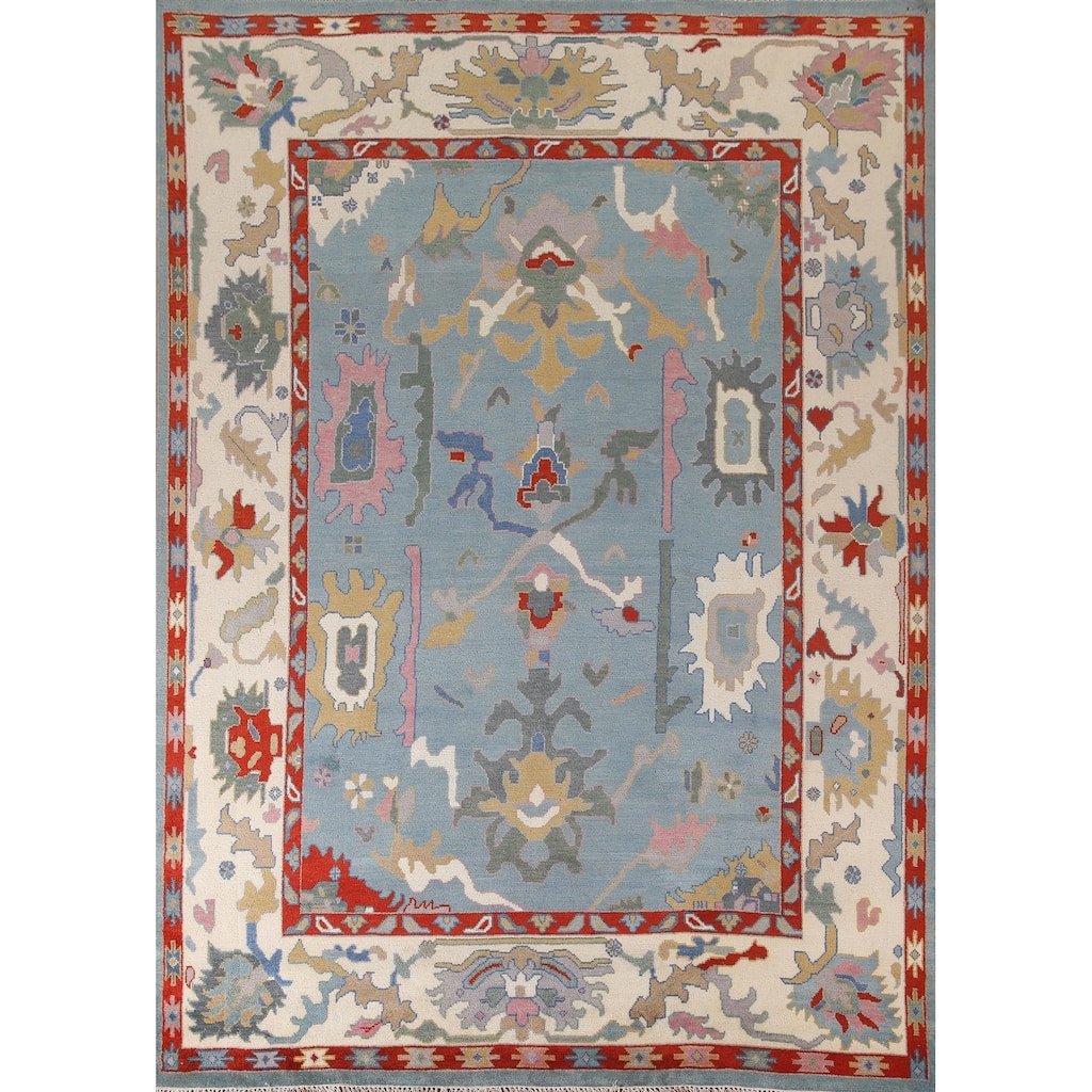 Light Blue Oushak Area Rug Hand-Knotted Floral Wool Carpet - 8'11"x 11'8"