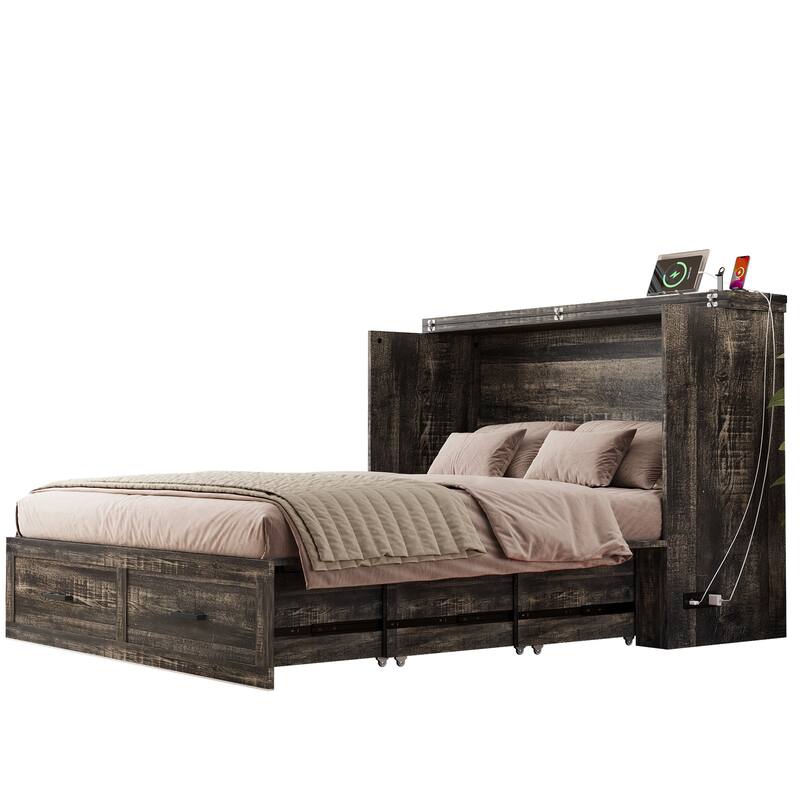 Queen Murphy Bed with Charging Station & Large Storage Drawer, Farmhouse Cabinet Hideaway Bed for Guest Room