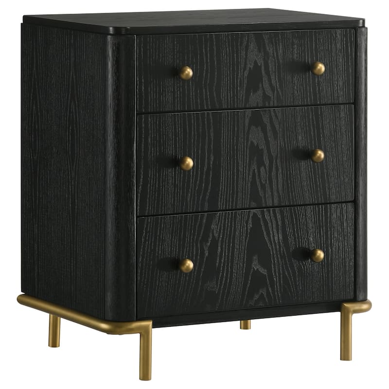 Fij Nightstand, 3 Drawers, USB Port, Golden Metal Legs, Knobs, Black Wood