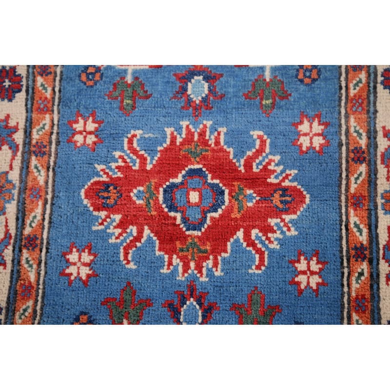 Geometric Blue Kazak Accent Rug Handmade Wool Carpet - 2'0" x 3'1"