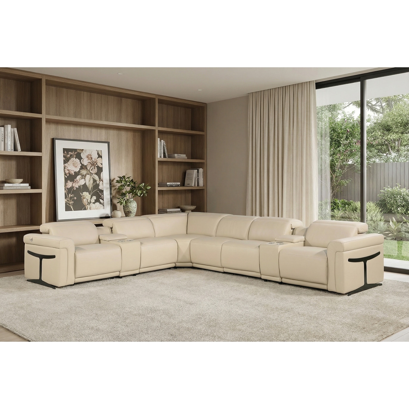 HomeRoots Beige Italian Leather Modular L Shaped Eight Piece Corner Sectional With Console