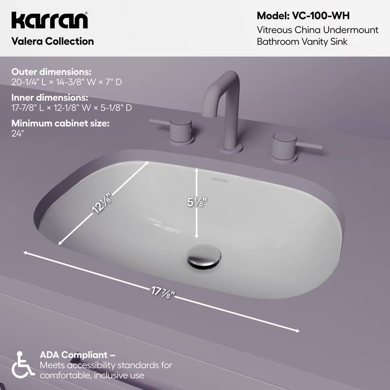 Karran Valera 20" Oval Undermount Vitreous China Bathroom Sink in White