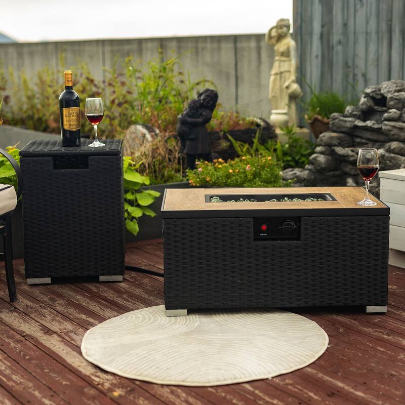 GDFStudio - Everly Beige Rattan Propane Fire Pit Table with Hidden Tank Storage and Ceramic Tile Tabletop - Dark Gray
