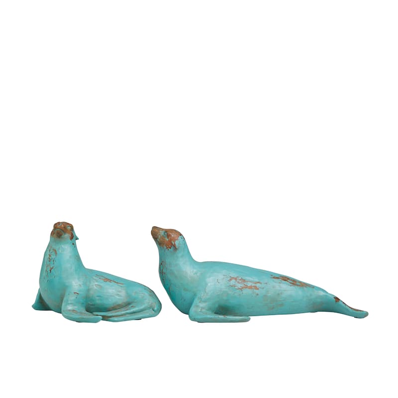 Polystone Sea Lion Distressed Sculpture with Brown Wood Inspired Accents - Set of 2 Teal - Roche River Decor - 12"W x 7"L x 5"H